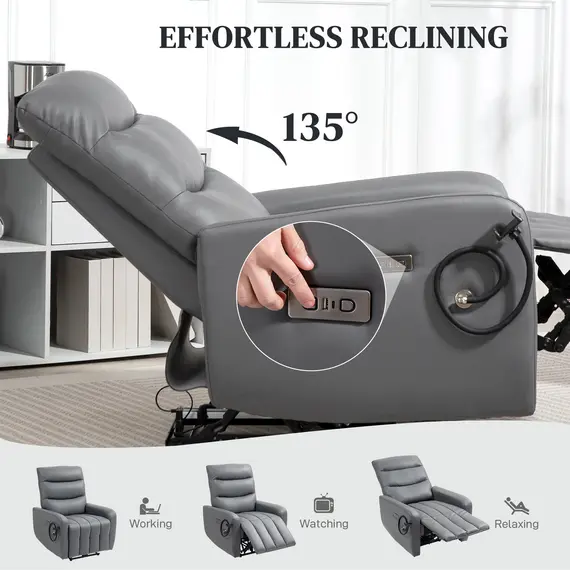 Buy Electric Recliner Armchair with USB + Type C Charge Port, Phone Holder, PU Leather Reclining Chair with Adjustable Leg Rest, Recliner Chair for Home Living Room Theater, Grey, 4 image