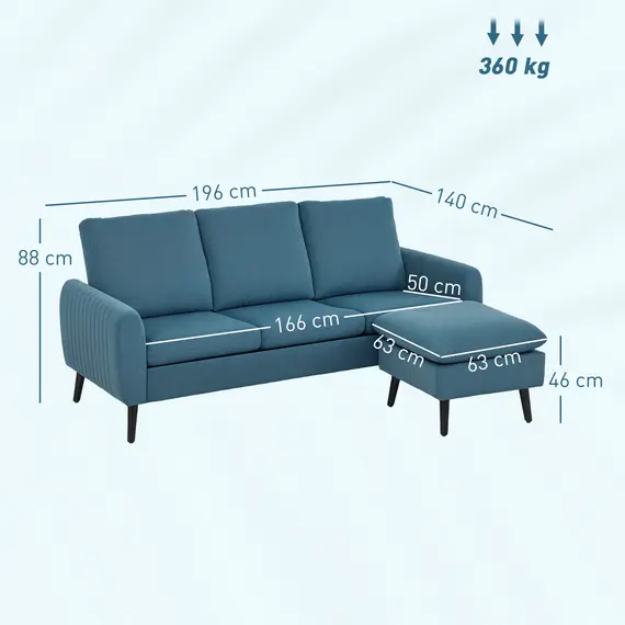 Buy Fabric Sofa with Ottoman, Corduroy L-shaped Sofa Couch with Scatter Back, Reversible 3-Seater Chaise Lounge for Living Room, Home Office, Small Spaces, Blue, 3 image