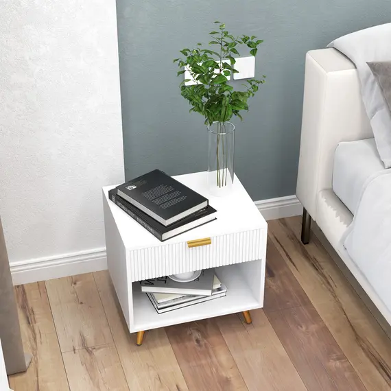 Buy Elegant Bedside Table, with Drawer and Shelf - White/Gold Tone, 8 image