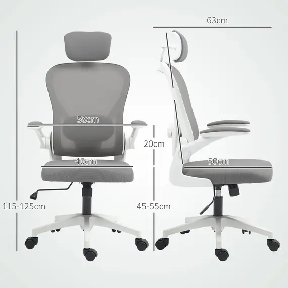 Buy Executive Office Chair, Ergonomic Mesh High Back Desk Chair with Flip-up Armrest, Rotatable Headrest, Adjustable Lumbar Support for Home Study, Grey, 3 image