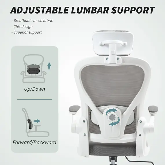 Buy Executive Office Chair, Ergonomic Mesh High Back Desk Chair with Flip-up Armrest, Rotatable Headrest, Adjustable Lumbar Support for Home Study, Grey, 5 image