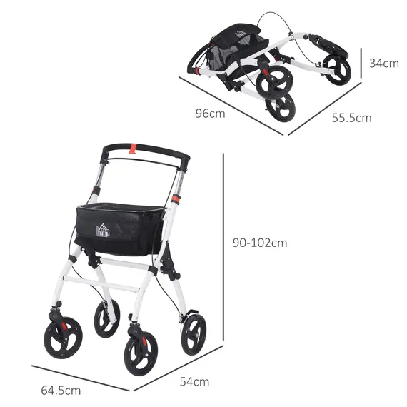 Buy Folding Upright Rollator Walker with Lightweight Walking Frame, Storage Bag, Tray, Dual Brakes, Adjustable Handle Height, Mobility Aid Rolling 4 Wheeled Walker for Seniors, White, 3 image