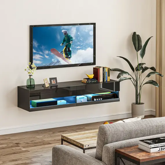 Buy Floating TV Unit, Wall Mounted TV Cabinet for TVs up to 65", High Gloss Media Wall Unit with LED Lights, Storage Shelves for Living Entertainment Room, Black, 2 image