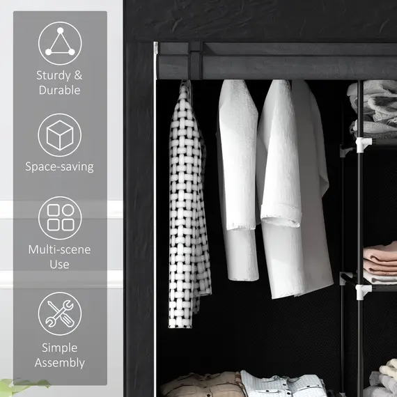 Buy Fabric Wardrobe, Portable Wardrobe with 6 Shelves, 1 Hanging Rail, Foldable Closets, 103 x 43 x 162.5 cm, Black, 6 image