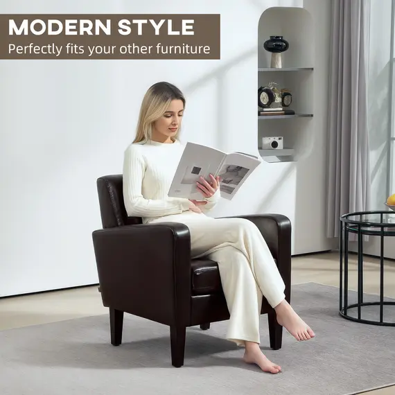 Buy Faux Leather Simple Armchair - Brown, 4 image
