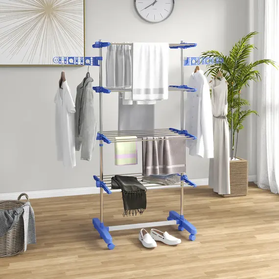 Buy Four-Shelf Collapsing Clothes Horse, With Side Arms and Wheels - Blue, 2 image