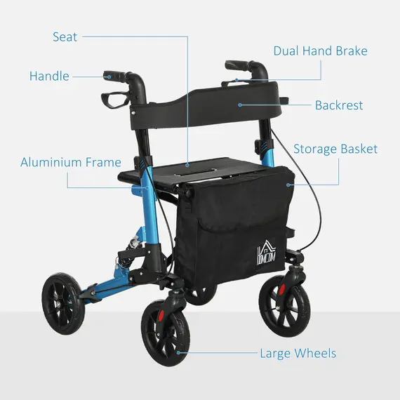 Buy Folding Rollator Walker with Seat, Backrest, Lightweight Walking Frame with Storage Bag, Dual Brakes, Adjustable Handle Height, Suspension System, 4 Wheeled Walker for Seniors, Blue, 8 image