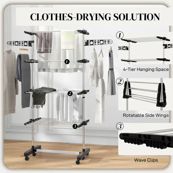 Buy Four-Shelf Collapsing Clothes Horse, With Side Arms and Wheels - Black, 5 image