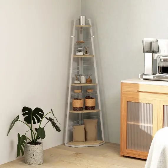 Buy Five-Tier Corner Shelf - White/Wood-Effect, 8 image