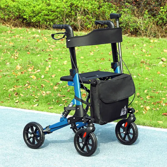 Buy Folding Rollator Walker with Seat, Backrest, Lightweight Walking Frame with Storage Bag, Dual Brakes, Adjustable Handle Height, Suspension System, 4 Wheeled Walker for Seniors, Blue, 2 image