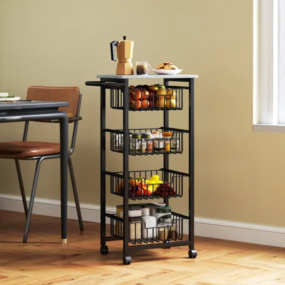 Buy Four Basket Mobile Kitchen Island, with Brakes - Grey/Black, 7 image