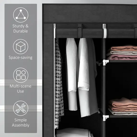 Buy Fabric Wardrobe, with Rails and Shelves - Black, 6 image