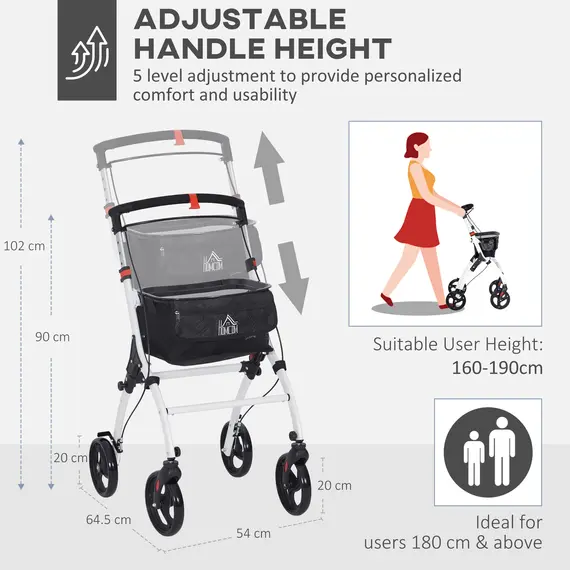 Buy Folding Upright Rollator Walker with Lightweight Walking Frame, Storage Bag, Tray, Dual Brakes, Adjustable Handle Height, Mobility Aid Rolling 4 Wheeled Walker for Seniors, White, 5 image