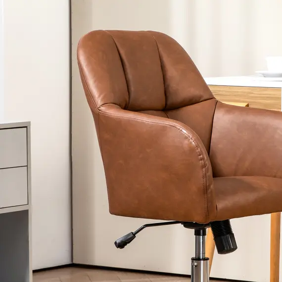 Buy Faux Leather Tub Office Chair, with Wheels - Brown, 8 image