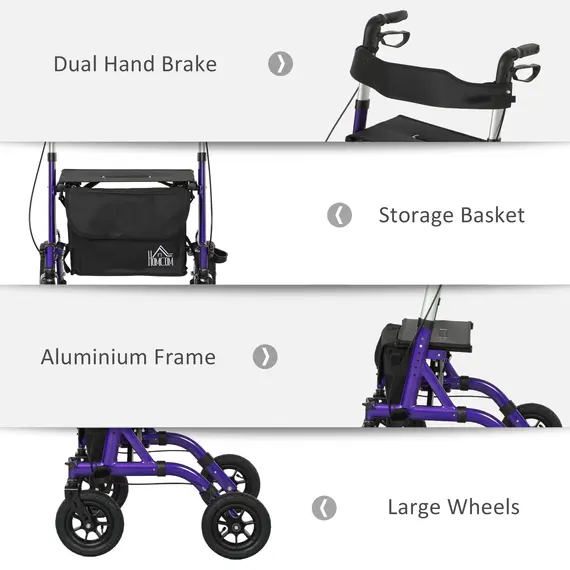 Buy Folding Rollator Walker with Seat, Backrest, Lightweight Walking Frame with Storage Bag, Dual Brakes, All-terrain Wheels, Adjustable Handle Height, 4 Wheeled Walker for Seniors, Purple, 8 image