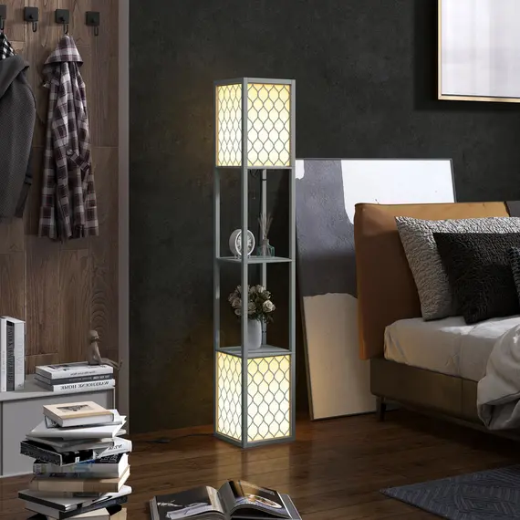 Buy Floor Lamp with Shelves, Dual Light, Modern Tall Standing Lamps, with Pull Chain Switch (Bulb not Included), Light Grey, 2 image