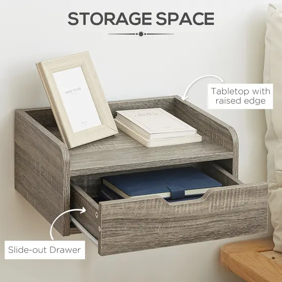 Buy Floating Nightstand Set of 2 Wall Mounted Bedside Table with Storage Drawer for Bedroom, Grey, 6 image
