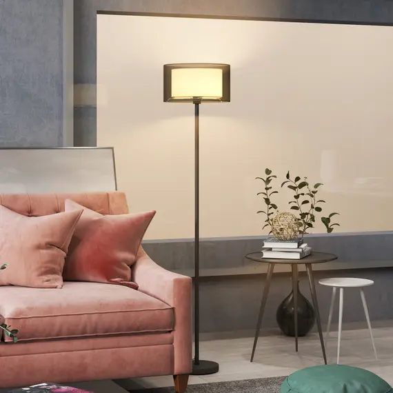Buy Floor Lamp for Living Room, Modern Standing Lamp with Double Layer Shade & Foot Switch, Minimalist Tall Pole Lampshade for Bedroom, Office, Black, 9 image