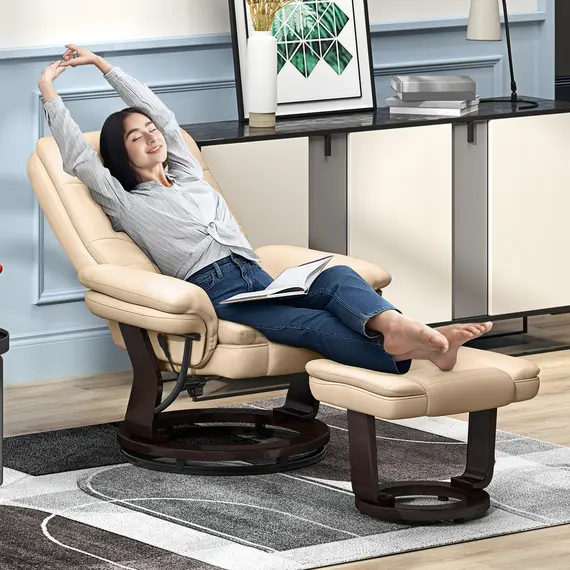 Buy Faux Leather 135° Reclining Chair and Footstool - Beige, 2 image