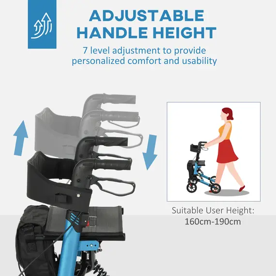 Buy Folding Rollator Walker with Seat, Backrest, Lightweight Walking Frame with Storage Bag, Dual Brakes, Adjustable Handle Height, Suspension System, 4 Wheeled Walker for Seniors, Blue, 6 image