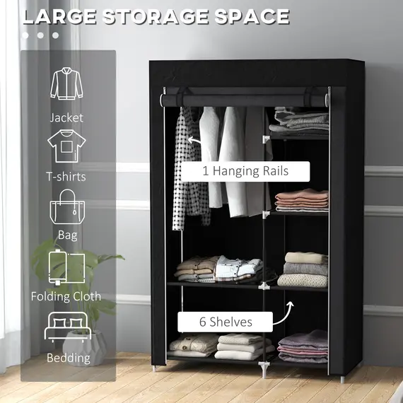 Buy Fabric Wardrobe, Portable Wardrobe with 6 Shelves, 1 Hanging Rail, Foldable Closets, 103 x 43 x 162.5 cm, Black, 4 image
