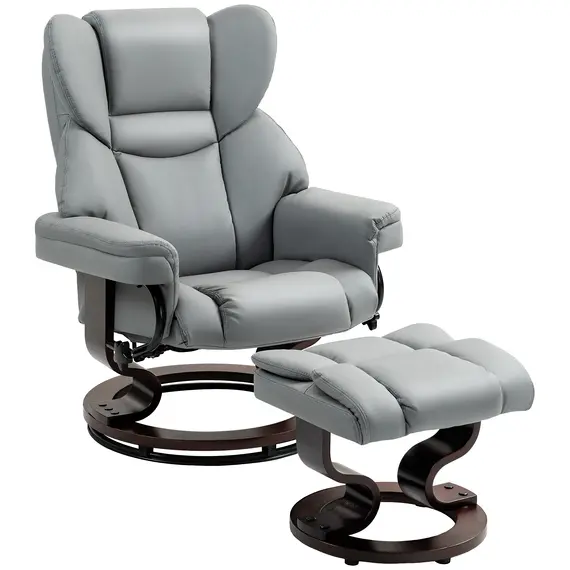 Buy Faux Leather Recliner Chair and Footstool, Swivel Upholstered Armchair and Footstool with Adjustable Backrest, Solid Wood Base for Living Room, Light Grey