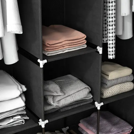 Buy Fabric Wardrobe, with Rails and Shelves - Black, 8 image