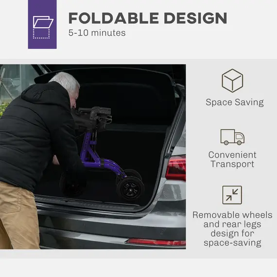 Buy Folding Rollator Walker with Seat, Backrest, Lightweight Walking Frame with Storage Bag, Dual Brakes, All-terrain Wheels, Adjustable Handle Height, 4 Wheeled Walker for Seniors, Purple, 7 image
