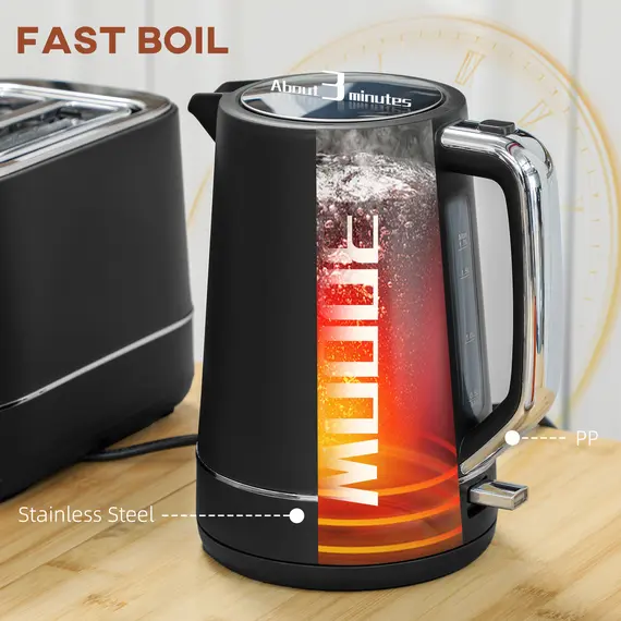 Buy Kettle and Toaster Set, 1.7L 3000W Fast Boil Kettle & 2 Slice Toaster Kitchen Set with 6 Level Browning Controls, Defrost, Reheat, Black, 4 image