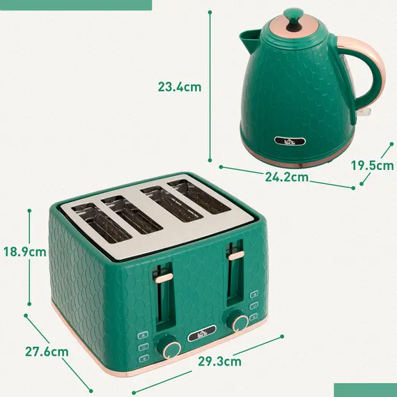 Buy Kettle and Toaster Set, 1.7L 3000W Fast Boil Jug Kettle with Auto Shut Off, 4 Slice Toaster with 7 Level Browning Controls & Crumb Tray, Green, 3 image