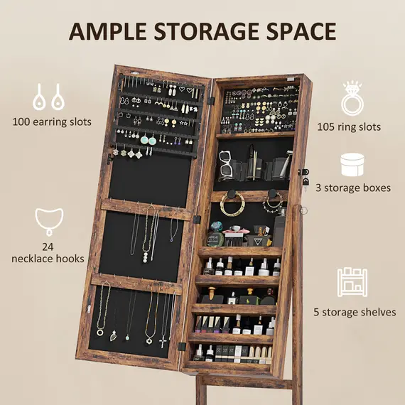 Buy Jewellery Cabinet with LED Light, Lockable Jewellery Organiser with Full-Length Mirror for Bedroom Dressing Room, Rustic Brown, 4 image