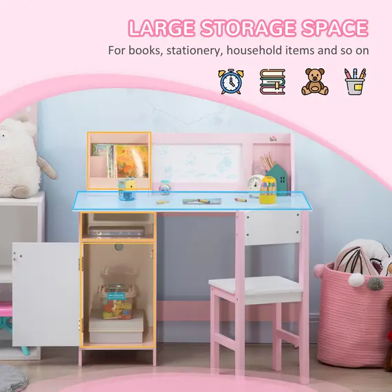 Buy Kids Desk And Chair Set 2 PCs Childrens Table And Chair Set Multi Use Toddler Furniture with Whiteboard, Storage - Pink, 4 image