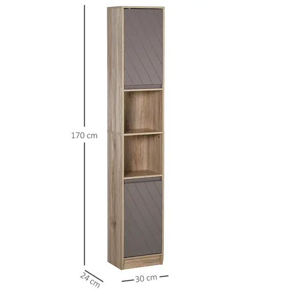 Buy Freestanding Bathroom Storage Cabinet w/ 2 Cupboards 2 Compartments Home Organisation Anti-Tipping Elevated Base 30L x 24W x 170H cm Grey&Brown, 3 image