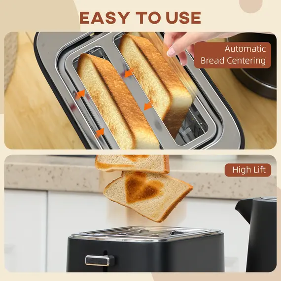 Buy Kettle and Toaster Set, 1.7L 3000W Fast Boil Kettle & 2 Slice Toaster Kitchen Set with 6 Level Browning Controls, Defrost, Reheat, Black, 8 image