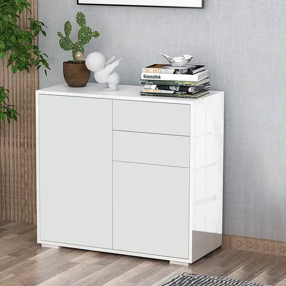 Buy High Gloss Frame Sideboard, Push-Open Design with 2 Drawer for Living Room, Bedroom, 74H x 79W x 36Dcm, White, 2 image
