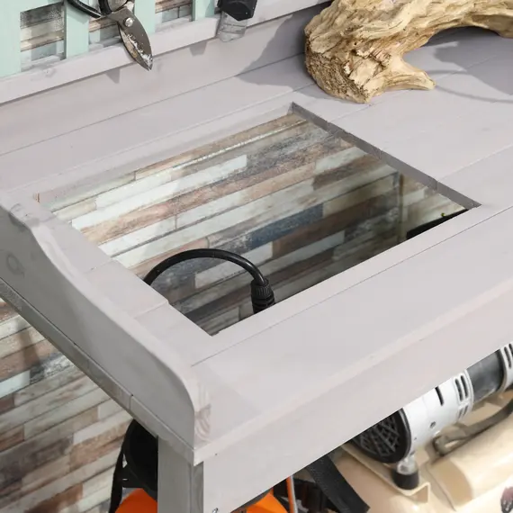 Buy Garden Potting Table with Sink, Blackboard and Drawer, Wooden Planting Work Bench Workstation Outdoor Tool Storage Shelves, 7 image