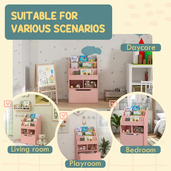 Buy Kids Bookshelf, Toy Organiser, with Storage Drawer, Wheels - Pink, 7 image