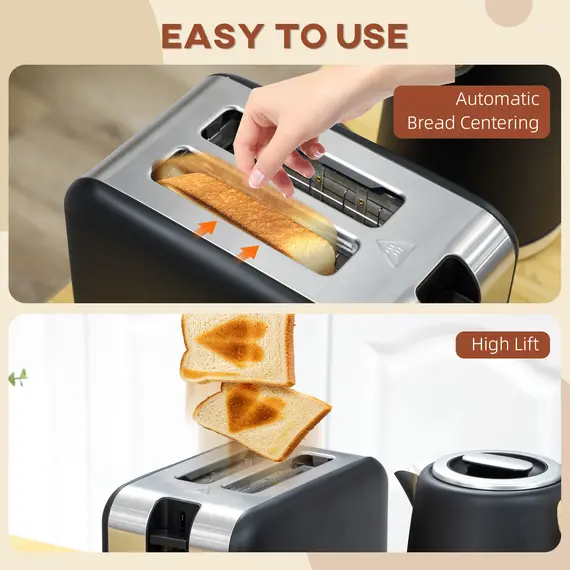 Buy Kettle and Toaster Set, 1.7L 3000W Fast Boil Kettle & 2 Slice Toaster Kitchen Set with 7 Level Browning Controls, Defrost, Reheat, Auto Off, Boil-dry Protection, Black, 8 image