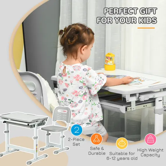 Buy Kids Desk and Chair Set, Student Adjustable Writing Desk, with Drawer, Pen Slot, Hook - Grey, 4 image