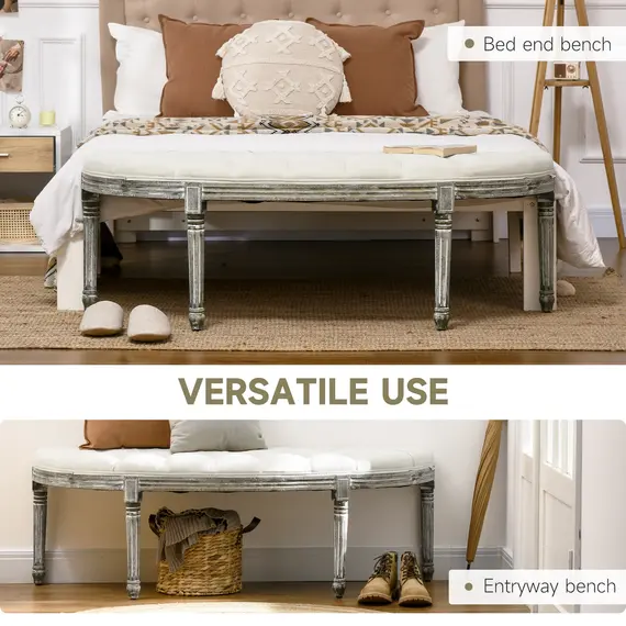 Buy Half-Circle End Bench Ottoman Footstool Tufting Padded Seat Brushed Wood Base Antique Accents Home Seat Furniture Cream White and Light Wood Grain Leg, 5 image