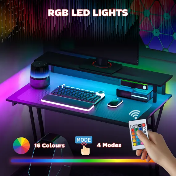 Buy Gaming Desk with LED Lights and Power Outlets, 100 x 60cm Z Shaped Computer Desk with Monitor Stand, 4 image