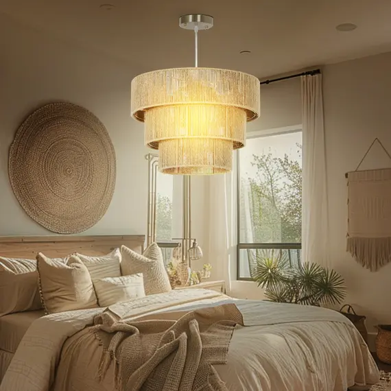 Buy Hemp Rope Ceiling Light, 3-Layer Boho Pendant Light, E14 Vintage Ceiling Lamp Fixtures for Living Room, Bedroom, Kitchen, Hallway, Light Brown, 7 image