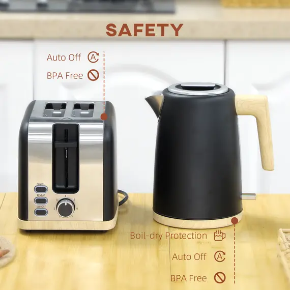 Buy Kettle and Toaster Set, 1.7L 3000W Fast Boil Kettle & 2 Slice Toaster Kitchen Set with 7 Level Browning Controls, Defrost, Reheat, Auto Off, Boil-dry Protection, Black, 7 image