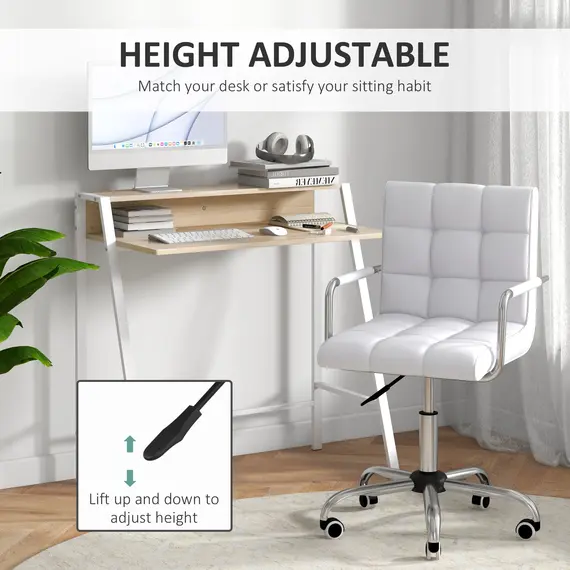 Buy Home Office Chair and Computer Desk Set, Faux Leather Desk Chair with Swivel Wheels, Study Desk with Storage Shelf, White, 4 image