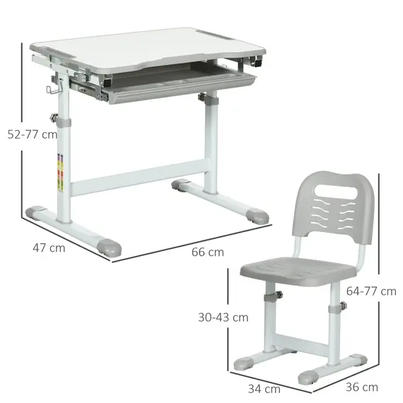 Buy Kids Desk and Chair Set, Student Adjustable Writing Desk, with Drawer, Pen Slot, Hook - Grey, 3 image