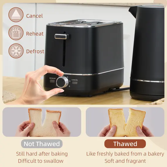 Buy Kettle and Toaster Set, 1.7L 3000W Fast Boil Kettle & 2 Slice Toaster Kitchen Set with 6 Level Browning Controls, Defrost, Reheat, Black, 5 image