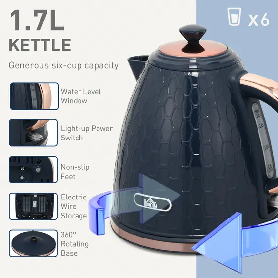 Buy Kettle and Toaster Set, 1.7L 3000W Fast Boil Jug Kettle with Auto Shut Off, 4 Slice Toaster with 7 Level Browning Controls & Crumb Tray, Blue, 4 image
