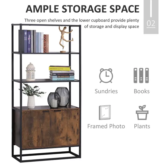 Buy Industrial Bookshelf, Storage Shelf, Large Bookcase with 3 Open Shelves, Multifunctional Rack for Living Room, Office, Rustic Brown and Black, 5 image