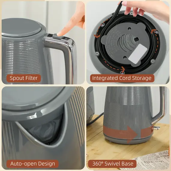 Buy Kettle and Toaster Set, 1.7L 3000W Fast Boil Kettle & 2 Slice Toaster Kitchen Set with 7 Level Browning Controls, Defrost, Reheat, Boil-dry Protection, Grey, 9 image