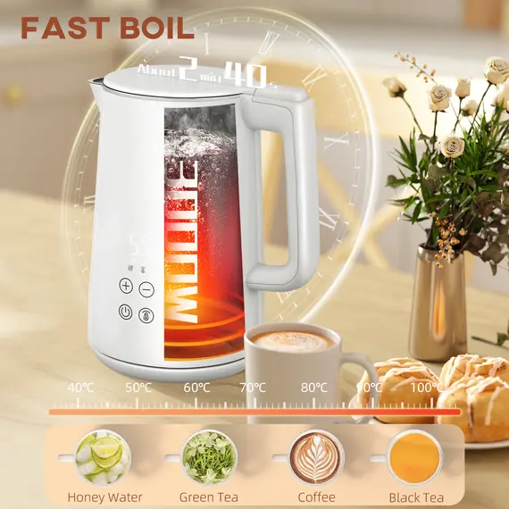 Buy Kettle and Toaster Set, 1.5L 3000W Fast Boil Kettle, 2 Slice Toaster Kitchen Set with 7 Level Browning Controls, Defrost, Reheat, Keep Warm, Crumb Tray and LED Touch Display, White, 4 image